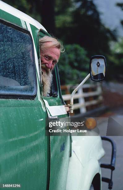 bearded old man in truck. - nelson lakes national park stock pictures, royalty-free photos & images