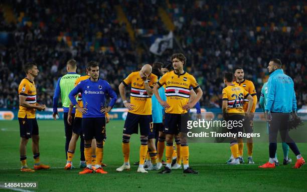 Sampdoria players in front of their supporters at the end of the Serie A match between Udinese Calcio and UC Sampdoria at Dacia Arena on May 08, 2023...