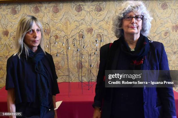 Silvia Pinelli and Claudia Pinelli daughters of anarchist Giuseppe Pinelli killed in the police headquarters in 1969 poses with the model of the...