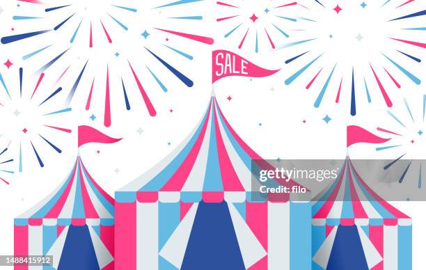 ilustraciones, imágenes clip art, dibujos animados e iconos de stock de venta de carpas fuegos artificiales - carpa de circo