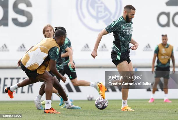 Karim Benzema of Real Madrid training with teammates ahead of their UEFA Champions League semi-final first leg match against Manchester City FC at...