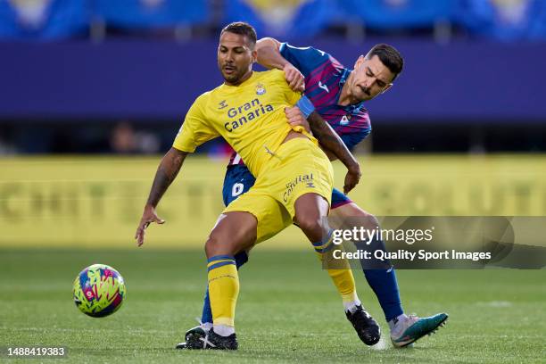 Jonathan Viera of UD Las Palmas compete for the ball with Sergio Alvarez of SD Eibar during the LaLiga Smartbank match between SD Eibar and UD Las...