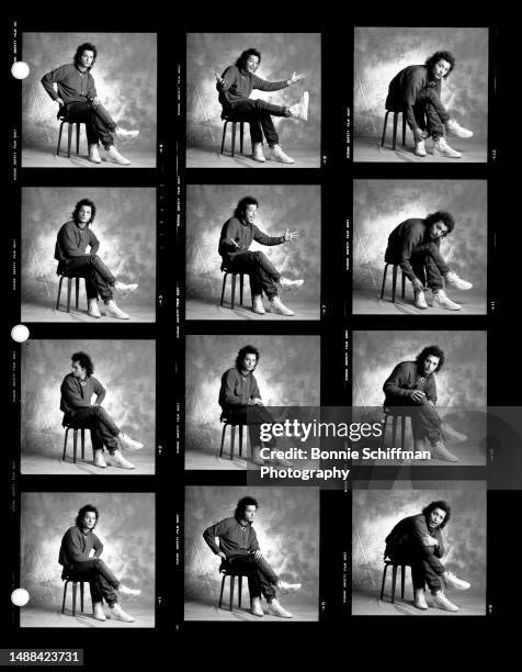 Canadian comedian Howie Mandel crosses his three legs in these twelve images in Los Angeles, California, circa 1986.