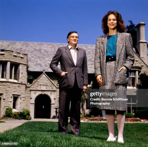 American magazine publisher Hugh Hefner and his daughter, Christie Hefner, pose for a portrait outside of the Playboy Mansion in Los Angeles,...