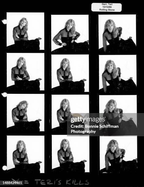 American actress Teri Garr poses for a portrait sitting on the ground wearing a black dress in these twelve images in Los Angeles, California,...