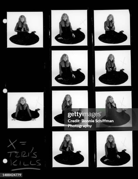 American actress Teri Garr poses for a portrait sitting on the ground wearing a black dress in these ten images in Los Angeles, California, October...