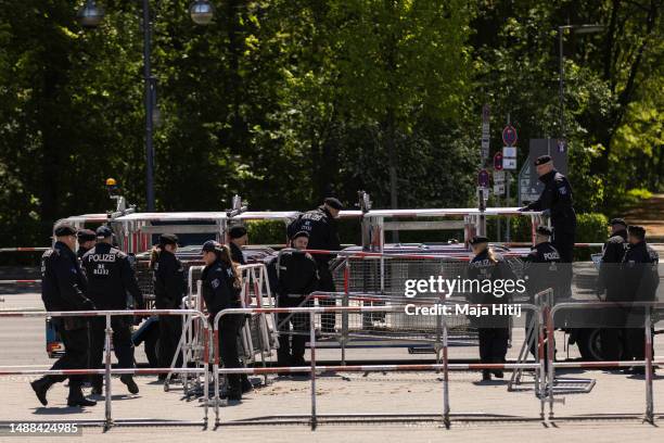 Police prepares security barriers at Soviet War Memorial Tiergarten as people arrive to commemorate the 1945 liberation of Germany from fascism and...