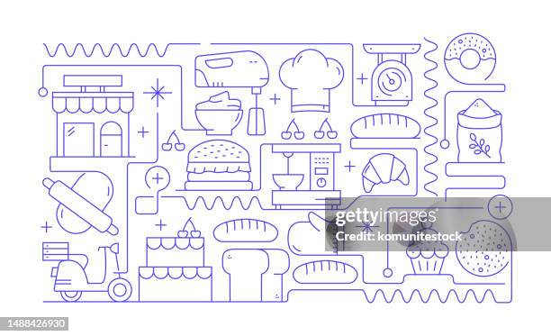 bakery related line banner design. bread, croissant, cake, chef, dessert. - baked macaroni stock illustrations