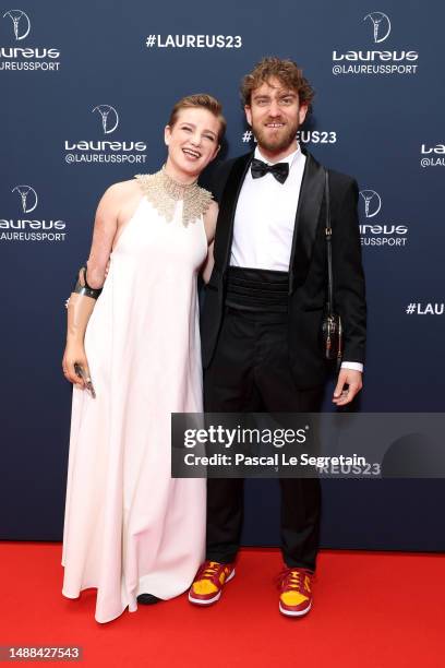 Laureus Ambassador Beatrice Vio amd guest arrives at the 2023 Laureus World Sport Awards Paris red carpet arrivals at Cour Vendome on May 08, 2023 in...