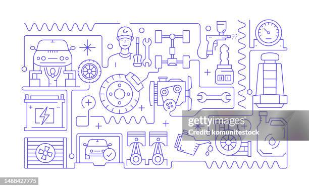 car service related line banner design. auto repair shop, service, examining, engine, technician. - checking car stock illustrations