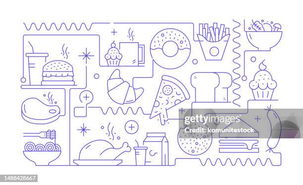 fast-food-bezogenes linienbanner-design. pizza, hot dog, donut, street food, taco. - imbissbude stock-grafiken, -clipart, -cartoons und -symbole