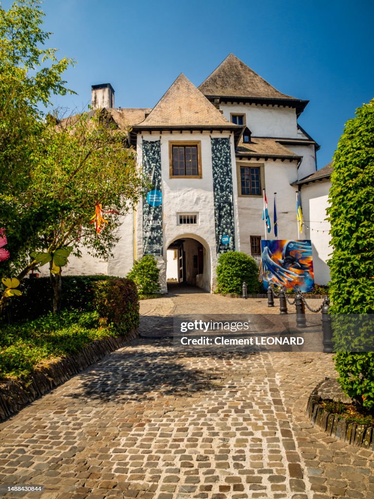 Wide angle view of the Clervaux castle main entrance, Clervaux City (Clervaux canton), Luxembourg