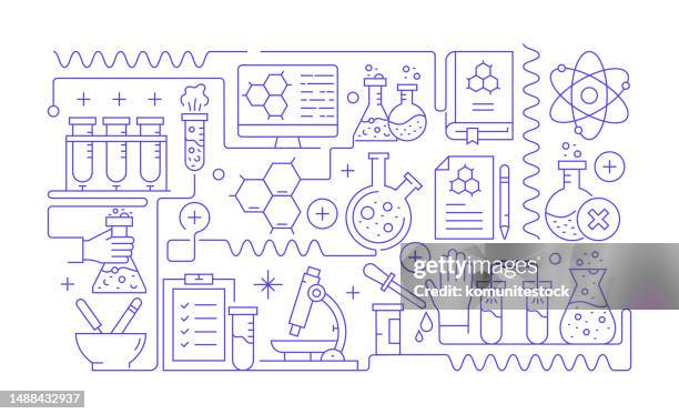 stockillustraties, clipart, cartoons en iconen met laboratory and science related line banner design. research, analyzing, chemical, biology. - scheikunde