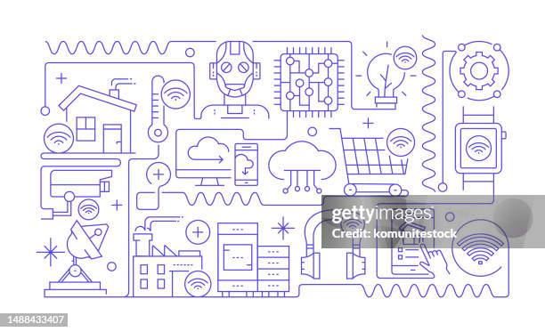 internet of things related line banner design. robot, deep learning, autonomous technology, smart city - self driving stock illustrations
