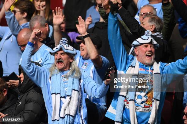 Coventry City fans celebrate as they make the play off's during the Sky Bet Championship between Middlesbrough and Coventry City at Riverside Stadium...