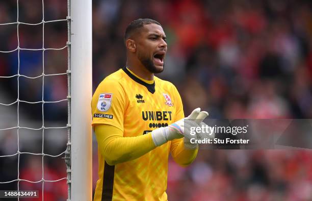 Middlesbrough goalkeeper Zack Steffen organises his defence during the Sky Bet Championship between Middlesbrough and Coventry City at Riverside...