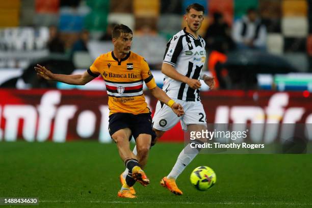 Filip Djuricic of Sampdoria kicks the ball during the Serie A match between Udinese Calcio and UC Sampdoria at Dacia Arena on May 08, 2023 in Udine,...