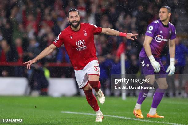 Felipe of Nottingham Forest celebrates after scoring a goal, which was later disallowed by VAR as Alex McCarthy of Southampton looks on during the...