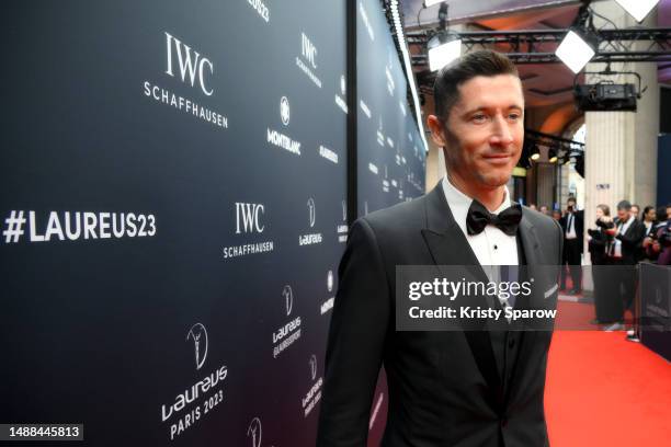 Robert Lewandowski arrives at the 2023 Laureus World Sport Awards Paris red carpet arrivals at Cour Vendome on May 08, 2023 in Paris, France.