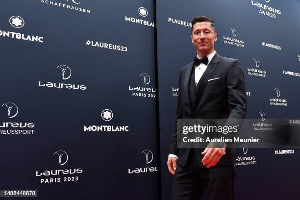 Robert Lewandowski arrives at the 2023 Laureus World Sport Awards Paris red carpet arrivals at Cour Vendome on May 08, 2023 in Paris, France.