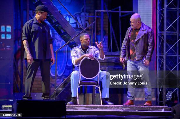 Actor Gary Dourdan, Flex Alexander and Luis F. Galindo III perform on stage during the Je'caryous Johnson Presents: New Jack City Live stage play at...