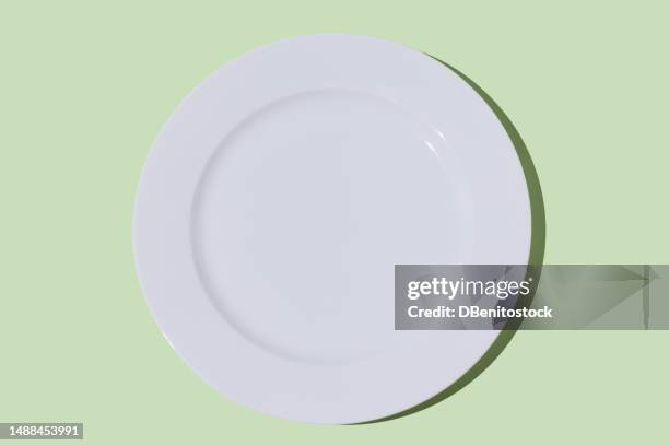empty white plate on light green background. restaurant, food, catering, cooking, service, chef and haute cuisine concept. - tellerlift stock-fotos und bilder
