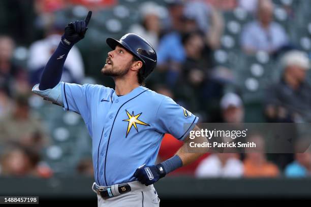 Josh Lowe of the Tampa Bay Rays celebrates after hitting a home run against the Baltimore Orioles during the second inning at Oriole Park at Camden...