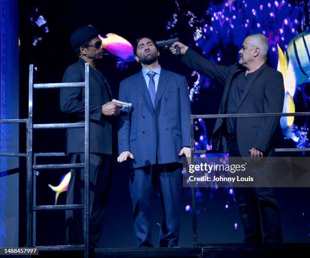 Actor Gary Dourdan, Alex Scyocurka and Luis F. Galindo III perform on stage during the Je'caryous Johnson Presents: New Jack City Live stage play at...