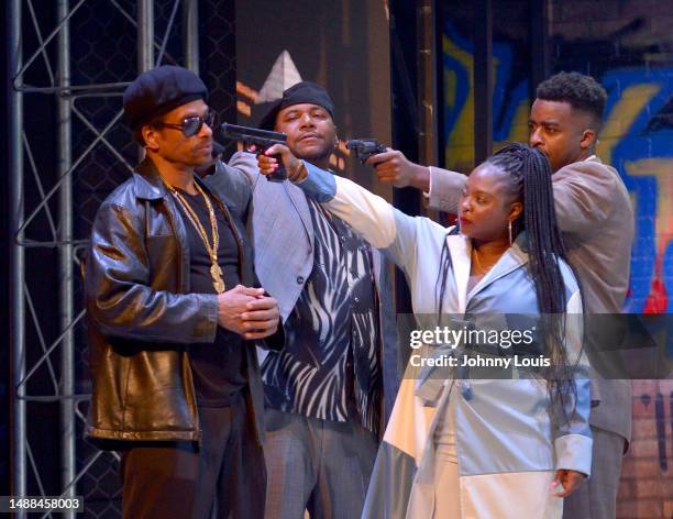 Actor Gary Dourdan, Vincent M. Ward, Torrei Hart and Landon Moss perform on stage during the Je'caryous Johnson Presents: New Jack City Live stage...