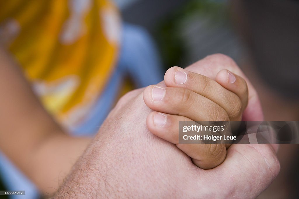 Young girl holding adult hand at Legoland.