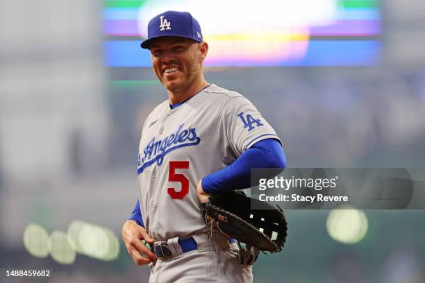 Freddie Freeman of the Los Angeles Dodgers looks to the Milwaukee Brewers dugout during the first inning at American Family Field on May 08, 2023 in...