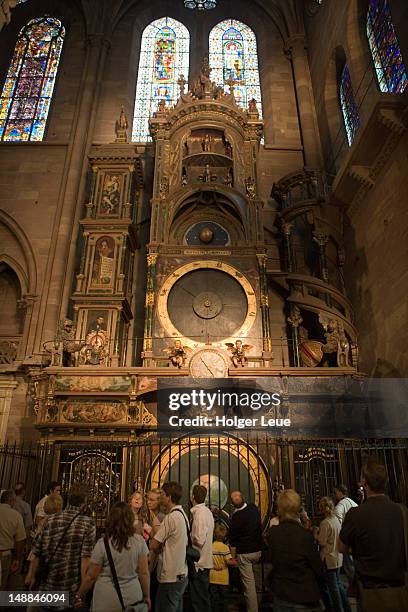 giant astronomical clock in strasbourg cathedral. - inside clock tower stock pictures, royalty-free photos & images