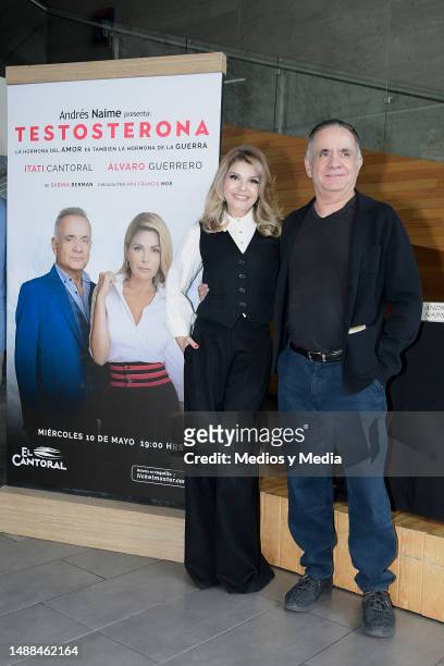 Itati Cantoral and Alvaro Guerrero pose for a photo during a press conference to present the new play 'Testosterona' at El Cantoral on May 8, 2023 in...