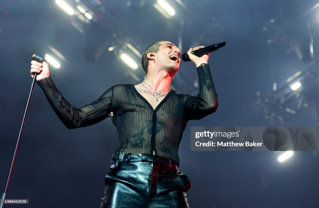 Damiano David of Maneskin performs at The O2 Arena on May 08, 2023 in ...