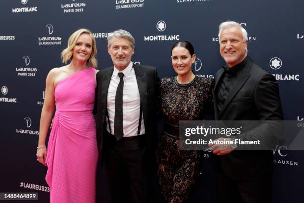 Amanda Davies, Antoine De Caunes, Kirsty Gallacher and David Ginola attend the red carpet during the 2023 Laureus World Sport Awards Paris on May 08,...