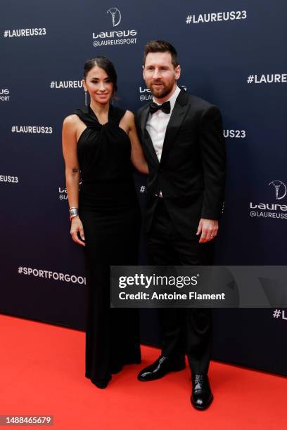 Antonela Roccuzzo and Lionel Messi attend the red carpet during the 2023 Laureus World Sport Awards Paris on May 08, 2023 in Paris, France.