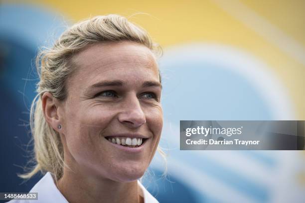 Melbourne City player and artist Hannah Wilkinson speaks to the media during a media opportunity as a mural for A-League highest goal scorer Jamie...