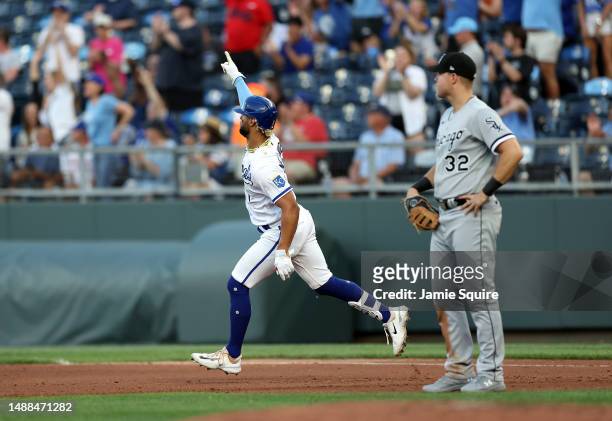Melendez of the Kansas City Royals rounds the bases after hitting a two-run home run during the 4th inning of the game against the Chicago White Sox...