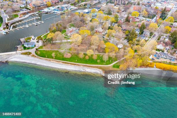 aerial townscape and sixteen mile creek, oakville, canada - lake ontario stock pictures, royalty-free photos & images