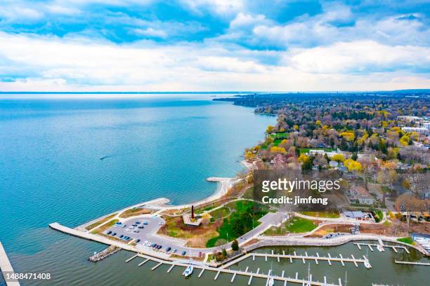 aerial lakeside park and sixteen mile creek, oakville, canada - oakville ontario stock pictures, royalty-free photos & images
