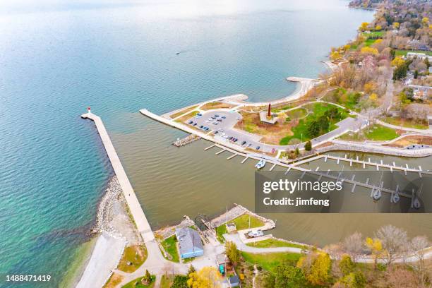 aerial lakeside park and sixteen mile creek, oakville, canada - lake ontario stock pictures, royalty-free photos & images