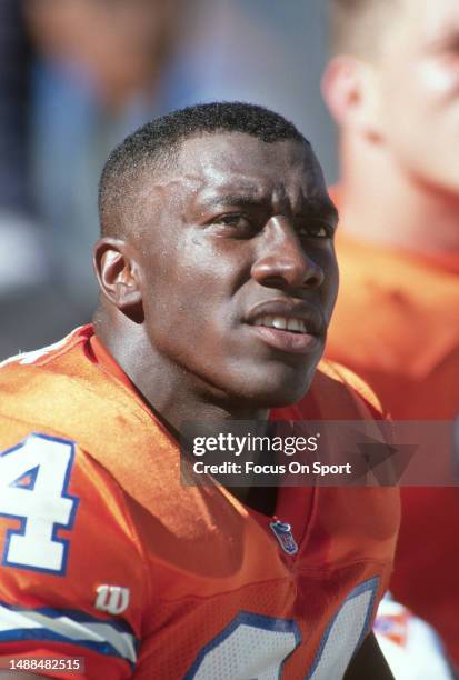 Shannon Sharpe of the Denver Broncos looks on against the Indianapolis Colts during an NFL game on October 3, 1993 at Mile High Stadium in Denver,...