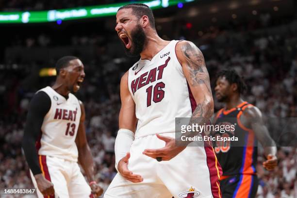 Caleb Martin of the Miami Heat reacts after a slam dunk during Game Four of the Eastern Conference Semifinals against the New York Knicks at Kaseya...