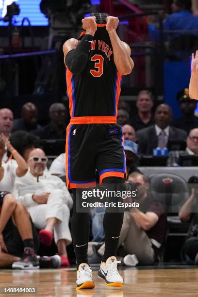 Josh Hart of the New York Knicks reacts after being called for his fifth foul during game four of the Eastern Conference Semifinals against the Miami...