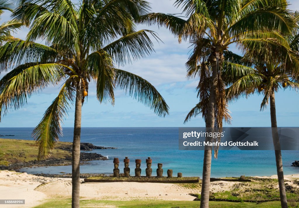 Moais with headknots at Ahu Nau Nau, Anakena Beach.