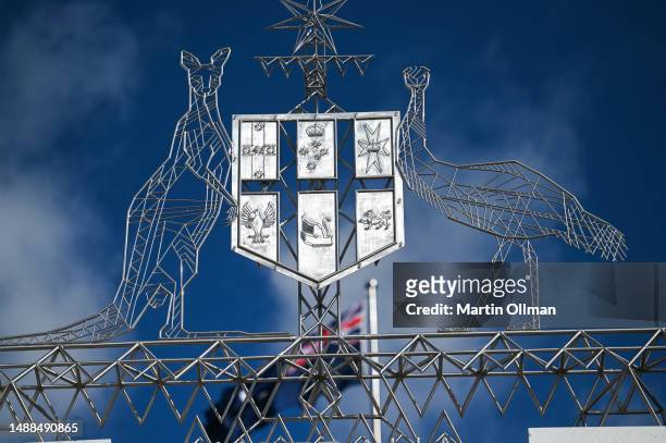 General view of the Coat of Arms at Parliament House on May 09, 2023 in Canberra, Australia. The Albanese government's 2023 budget is expected to...