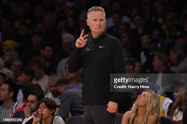 Head coach Steve Kerr of the Golden State Warriors gestures against the Los Angeles Lakers during the first quarter in game four of the Western...