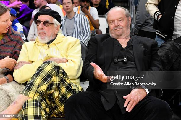 Lou Adler and Jack Nicholson attend a playoff basketball game between the Los Angeles Lakers and the Golden State Warriors at Crypto.com Arena on May...