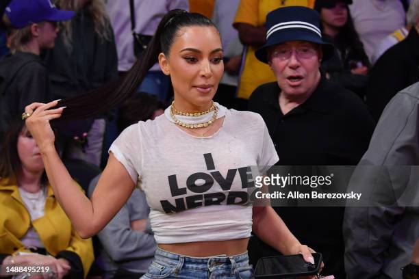 Kim Kardashian attends a playoff basketball game between the Los Angeles Lakers and the Golden State Warriors at Crypto.com Arena on May 08, 2023 in...