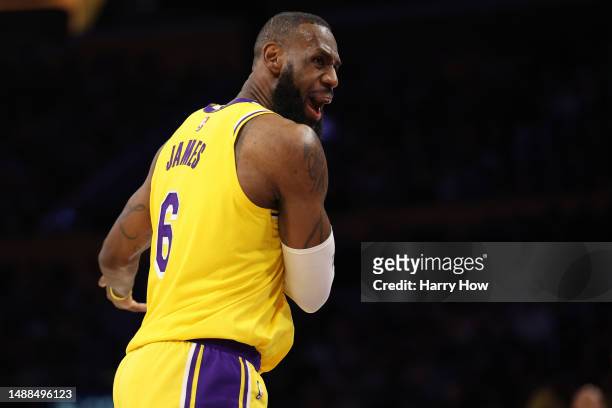 LeBron James of the Los Angeles Lakers reacts after a Golden State Warriors basket during the third quarter in game four of the Western Conference...